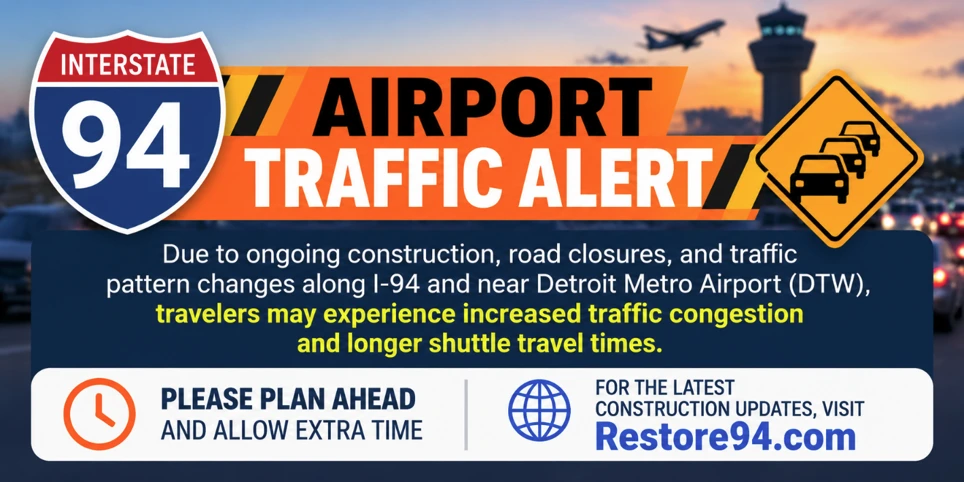 I-94 airport traffic alert: construction, road closures and traffic pattern changes near Detroit Metro Airport may increase traffic congestion and shuttle travel times. Plan ahead and allow extra time. Visit Restore94.com for the latest construction updates (opens in a new tab).