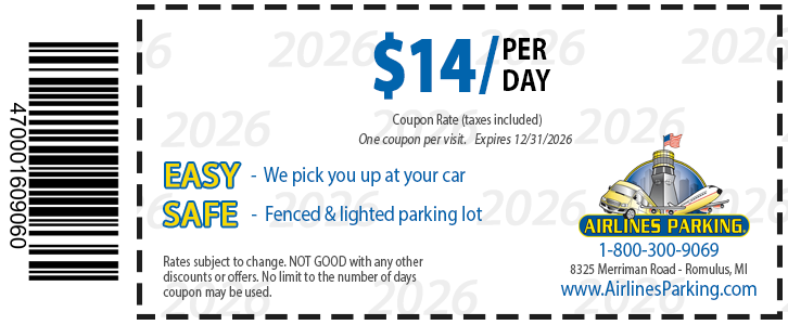 Save more on your DTW parking with Airlines Parking coupon.