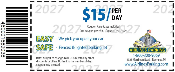 Save more on your DTW parking with Airlines Parking coupon.